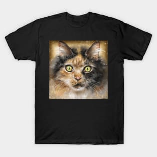 Painting of a Calico Tri-Color Fluffy Cat with Gorgeous Green Eyes T-Shirt